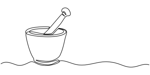 Mortar with pestle one line continuous drawing. Kitchen tools continuous one line illustration. Vector minimalist linear illustration, Single continuous line drawing mortar and pestle vintage.
