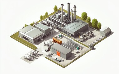 Technical schematic of a waste-to-energy plant showing trash input, thermal processing, turbine, and energy output with transparent overlays in the context of eco-friendly