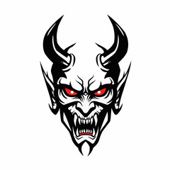 Abstract, black & white graphic depicts a stylized beast with prominent, curled horns