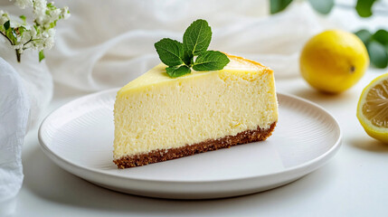 A mouthwatering slice of lemon cheesecake is elegantly presented on a white plate with mint.
