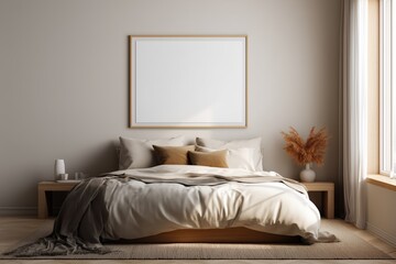 a flat wall mockup in a cozy modern bedroom, natural soft daylight, empty two poster frames side by side, white and beige palette, clean scandinavian interior