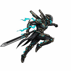 Sci-fi character in armor holding a sword, enhanced with futuristic elements