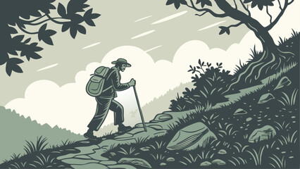 vector art of a lone person trekking in the wild with forest and mountains in the distance

