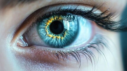 Fototapeta premium Extreme close-up of a human eye with blue iris and striking yellow pattern around the pupil showing detailed texture and reflections conveying curiosity and focus