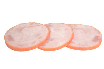 Close-up of three slices of cooked ham. Isolation on transparent background.
