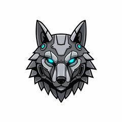 Metal wolf peeks into frame, features teal eyes. Bold gray outlines. White background