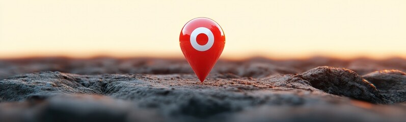 red location marker placed on rough textured ground with blurred background and warm glowing sky