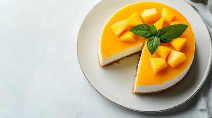 Fresh Mango Cheesecake with Mint Leaves on a Plate, White Background, Delicious Dessert
