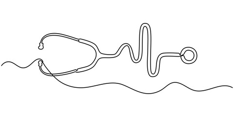 Continuous Line Drawing of Healthcare Icon. Hand Drawn Symbol Vector Illustration, continuous single drawn one line stethoscope freehand drawn picture silhouette, doctors day Continuous one line art.