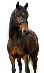 Obraz premium majestic brown horse with long black mane wearing bridle standing attentively against a plain white background