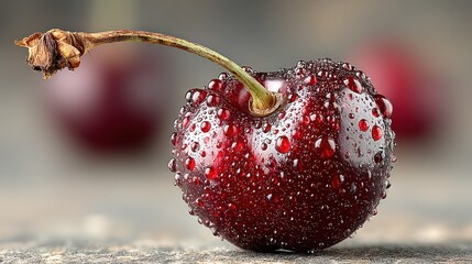 Close-up of a red cherry with water droplets on a textured surface.