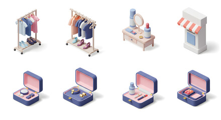 Isometric Store Collection with Clothes, Cosmetics, Jewelry and Storefront Design