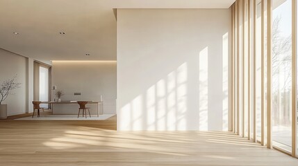 Obraz premium Bright minimalist room with wooden floor, large vertical windows casting shadows on white walls, and a small dining area with two chairs and a table in the background