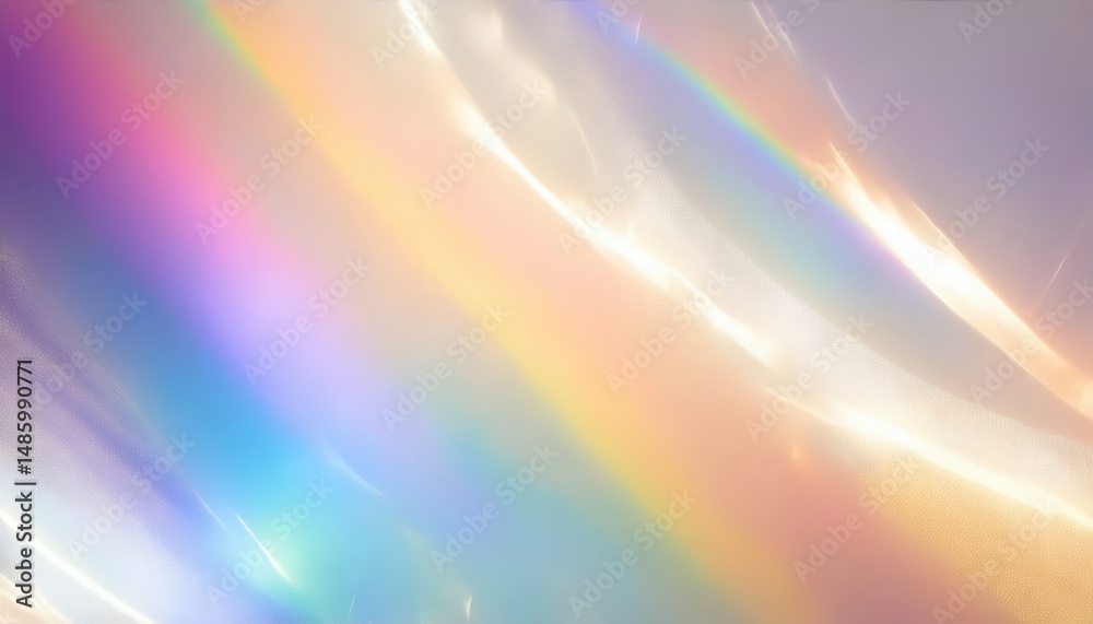 Poster ethereal light spectrum on soft translucent surface with abstract prismatic glow and flowing pastel hues, ideal for modern web design, luxury branding, or minimal print layout with copy space

