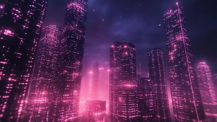 Vibrant futuristic cityscape illuminated by pink lights