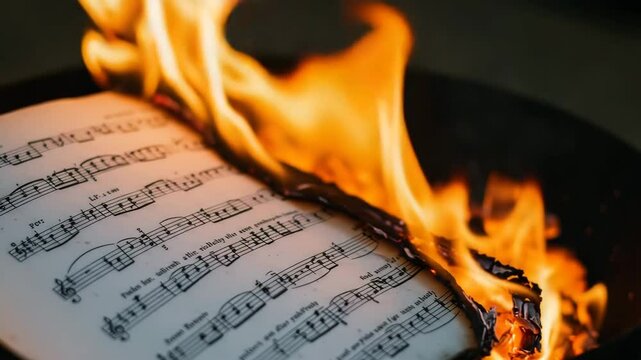 Sheet music burning with flames in close-up macro view  