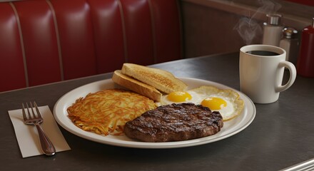 Steak and eggs breakfast with hash browns toast and coffee in a diner setting