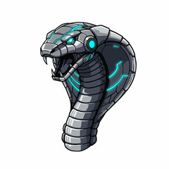 Robotic snake head with glowing accents, fangs bared, coiled. Metallic finish on white
