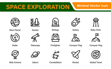 Modern Space Exploration Technology Icons – Outline, Line Art, Vector Illustrations for Rocket Science, Satellites, Astronauts, and Future Missions