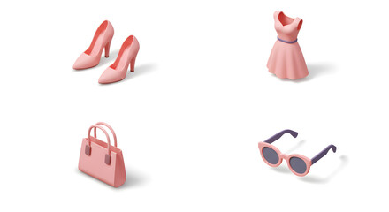 Obraz premium Pink Accessories Arrangement Dress Shoes Bag Sunglasses on White Background
