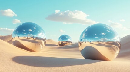 Three reflective spheres in the desert mirror the sky, creating a captivating surreal landscape.