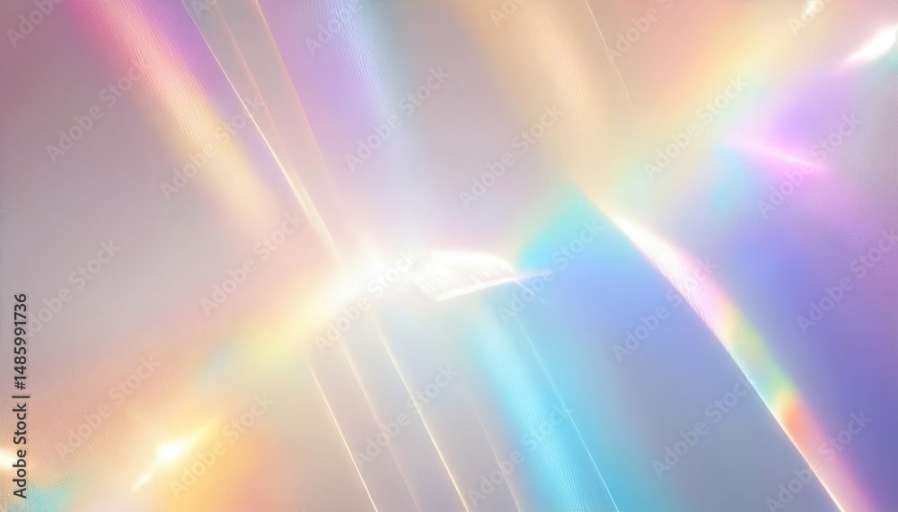 Poster ethereal light spectrum on soft translucent surface with abstract prismatic glow and flowing pastel hues, ideal for modern web design, luxury branding, or minimal print layout with copy space

