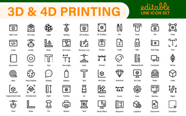 3D and 4D Printing Icons – Outline, Vector, and Line Art Illustrations for Printing Tech, Prototyping, Design, Engineering, and Innovation Projects