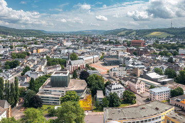 Fototapeta premium Summer skyline cityscape of Trier, Rhineland-Palatinate, Moselle, Germany. Wide panoramic aerial view of Viehmarktplatz town square and city landmarks