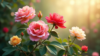 Fototapeta premium Beautiful Roses in Bloom with Sunlight in the Garden