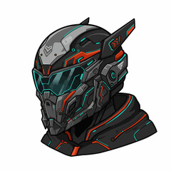 Sci-fi styled helmet with black, gray, and teal colors, with orange accents, futuristic look