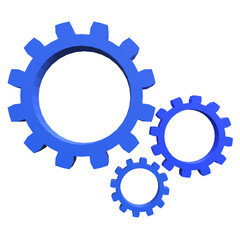 3d rendering of three blue gears interlocked in a complex design.