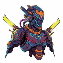 Illustrated cyborg warrior. Highly detailed, robotic, neon highlights, and bold outlines