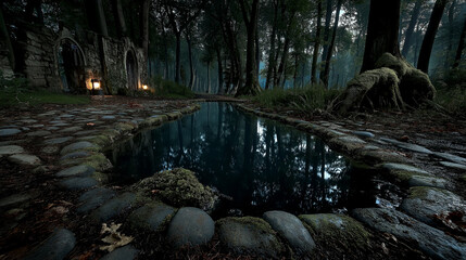 Fototapeta premium Haunted forest gateway – Portal framed by bones and runes