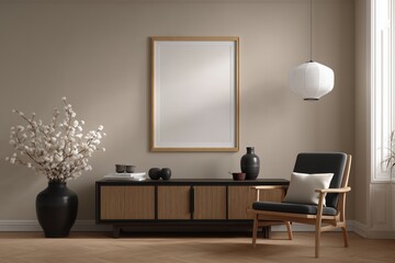 Elegant flat mockup of a poster frame on a warm neutral wall with modern cozy furnishings