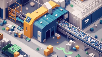 Technical schematic of a waste sorting station showing conveyor system, waste containers, and flow arrows in the context of automated