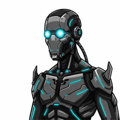 Gray robot head with bright blue glowing eyes and some details