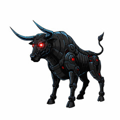 Cybernetic bull portrait with glowing red eyes and metallic horns, detailed illustration