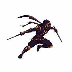Obraz premium Ninja wielding sword, clad in black & gold, mask concealing face, bright red eyes