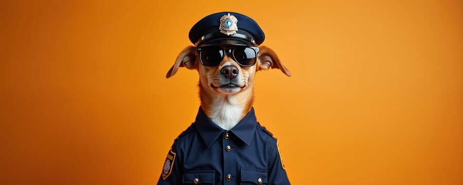 Stylish dog portrait in police uniform, cap, black sunglasses against orange background. Funny pet wearing cop costume, perfect for advertising, social media content.