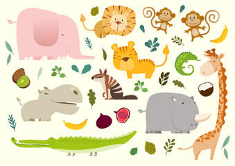 Cute jungle animals set. Childish print for cards, apparel and decoration
