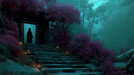 Enchanted garden with glowing petals and archway