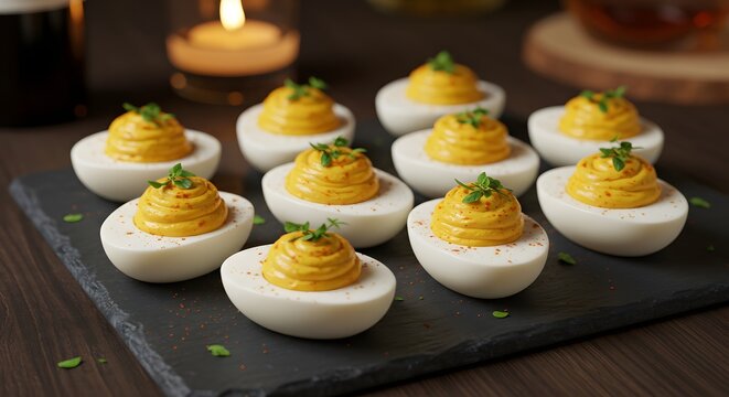 Deviled eggs arranged on a slate board with candle light in the background