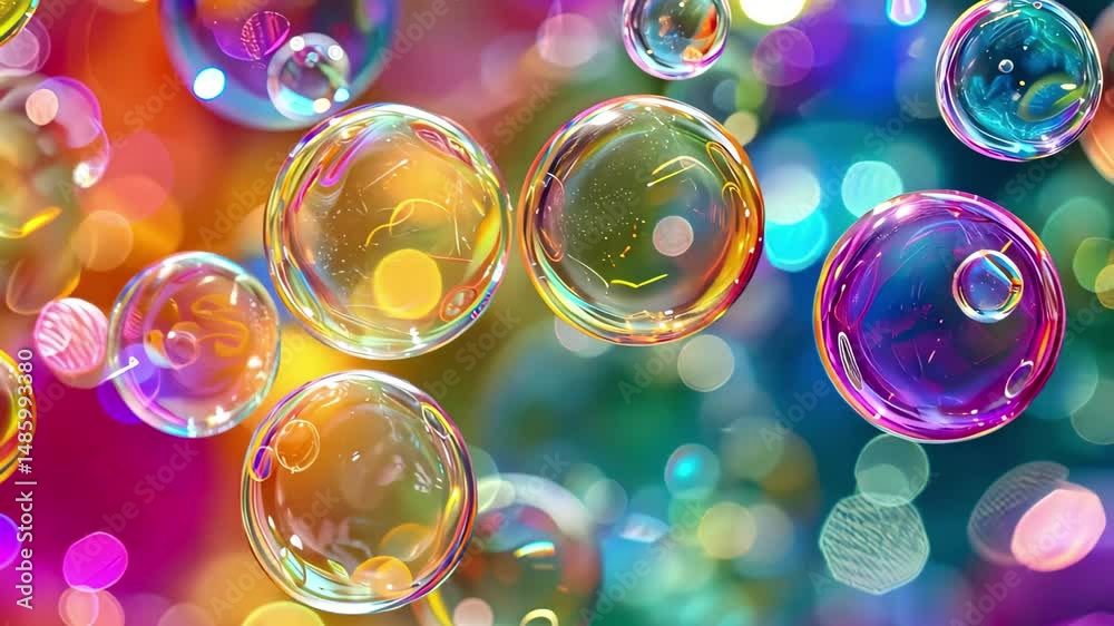 Poster Colorful bubbles float on a vibrant background with a dreamy bokeh effect in a captivating display of light and color