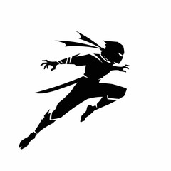 A dark ninja leaps with outstretched hands on a stark white background