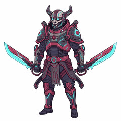 Fototapeta premium Cyberpunk warrior in red and grey armor, holding a glowing sword, ready for battle