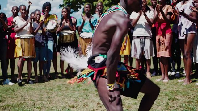 Zulu man performs a vibrant traditional dance, captivating an audience with rhythmic movements and feathered accessories
