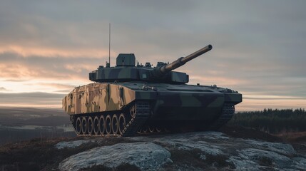 Majestic Military Tank on Rocky Terrain Against a Dramatic Sunset Sky, Showcasing Armored Vehicle in a Natural Landscape, Conveys Strength and Power