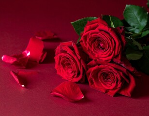 Three elegant red roses surrounded by delicate fallen petals