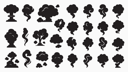 Various black smoke cloud shapes in solid style featuring puffy, thin, and spiraled designs for graphics  © MH HASIB