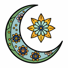 Fototapeta premium Elegant hand-drawn vector of a crescent moon decorated with Arabic floral motifs and stars, perfect for Islamic art and celestial-themed designs.